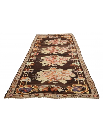 Floral Vintage Turkish Kars Kilim Rug - 5`3" x 12`6"