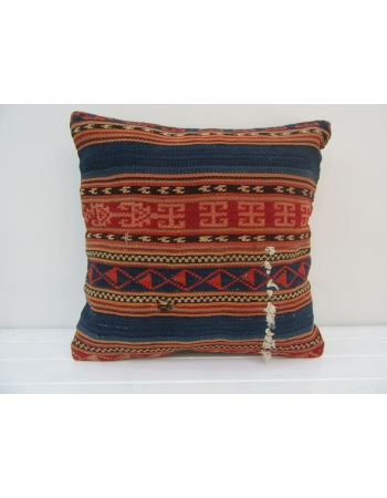 Vintage Striped Orange and Navy Blue Turkish Kilim Pillow Cover
