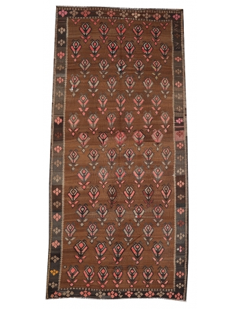 Brown Vintage Turkish Kilim Rug - 5`7" x 12`2"