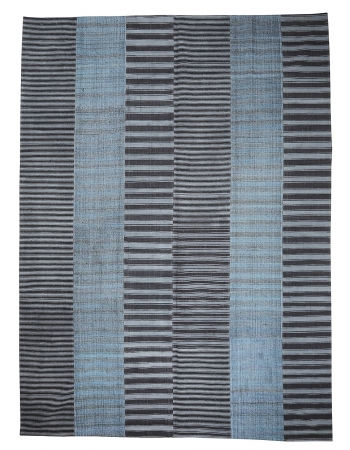 Large Vintage Strioed Blue & Gray Kilim Rug - 10`0" x 13`9"