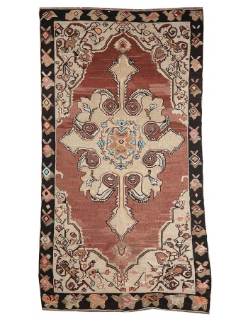 Vintage Turkish Wool Kars Kilim Rug - 6`9" x 14`1"