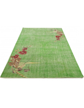 Green Floral Turkish Vintage Rug - 6`11