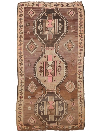 Vintage Brown Turkish Kars Kilim Rug - 6`1" x 13`0"