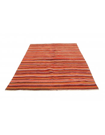 Orange & Burgundy & Green Striped Kilim Rug - 5`9