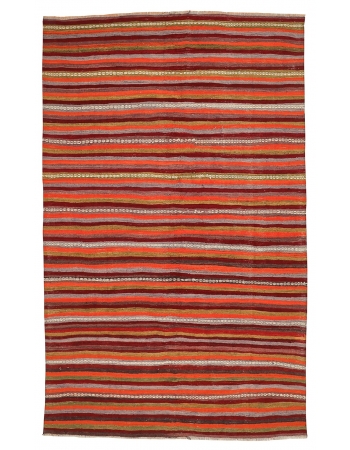 Orange & Burgundy & Green Striped Kilim Rug - 5`9" x 9`2"