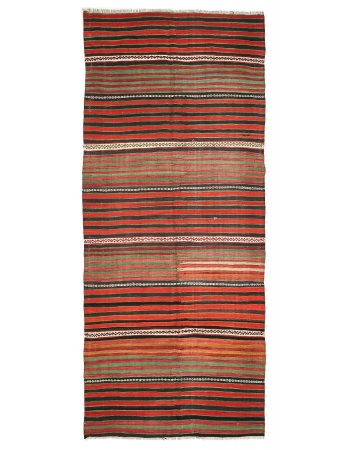 Red & Green Striped Vintage Kilim Rug - 4`3" x 10`8"