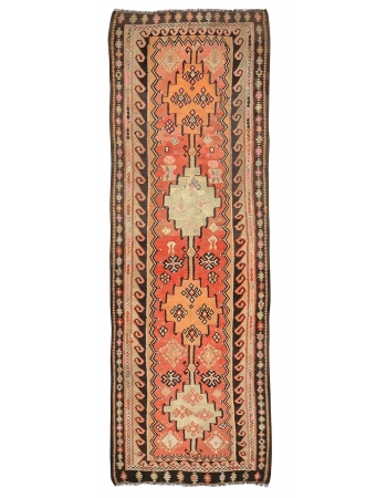 Vintage Decorative Turkish Kars Kilim - 3`9" x 11`0"