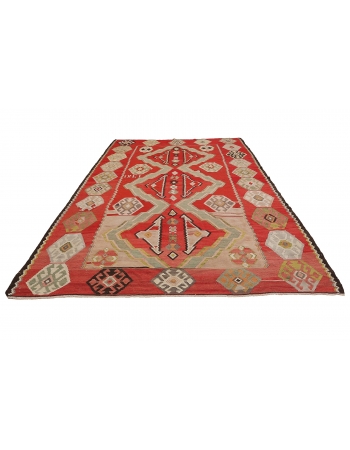 Vintage Red Turkish Large Kilim Rug - 7`5