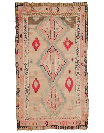 Faded Vintage Large Turkish Kilim Rug - 7`9" x 13`3"