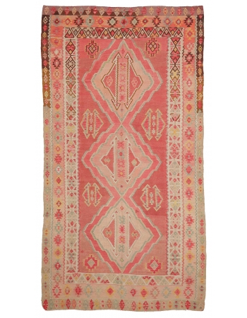 Pastel Large Vintage Turkish Kilim Rug - 7`3" x 13`5"