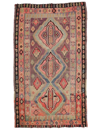 Vintage Faded Turkish Large Kilim Rug - 7`10" x 12`10"