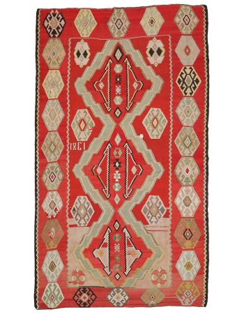 Vintage Red Turkish Large Kilim Rug - 7`5