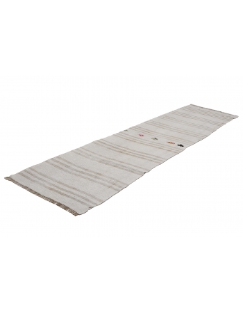 White & Beige Vintage Hemp Kilim Runner - 2`9