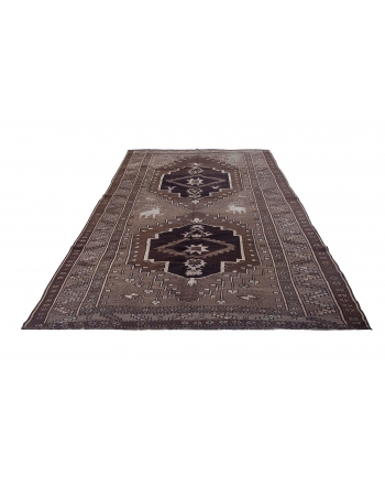 Brown Vintage Turkish Kars Rug With Deer Motif - 6`8