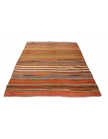 Striped Vintage Turkish Kilim Rug - 5`1