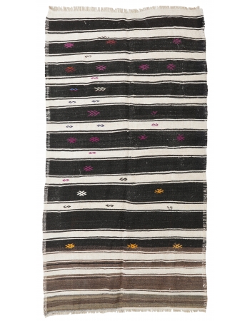 Black White Striped Hemp Kilim Rug - 5`1" x 9`2"