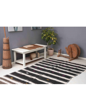 Black White Striped Hemp Kilim Rug - 5`1