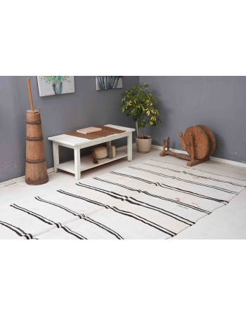 White Black Striped Hemp Kilim Rug - 5`7