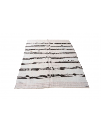 Vintage Striped Turkish Black White Hemp Kilim Rug - 6`4