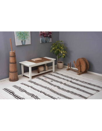 Vintage Striped Turkish Black White Hemp Kilim Rug - 6`4
