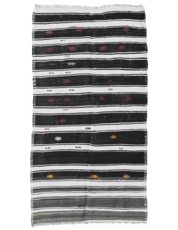Black White Striped Hemp Kilim Rug - 5`1" x 9`2"