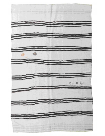 Vintage Striped Turkish Black White Hemp Kilim Rug - 6`4" x 9`1"