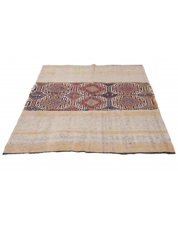 Embroidered Turkish Vintage Kilim Rug - 5`0″ x 6`1″