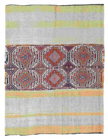 Embroidered Turkish Vintage Kilim Rug - 5`0″ x 6`1″