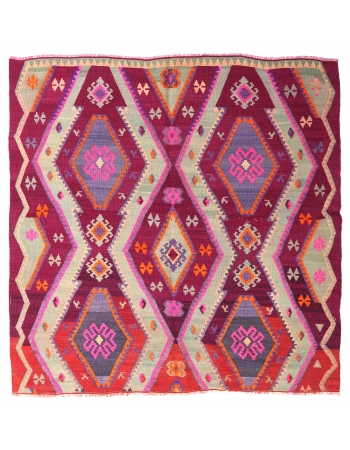 Purple Vintage Square Turkish Kilim Rug - 6`11″ x 6`11″