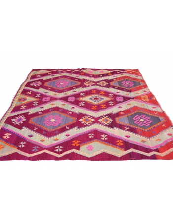 Purple Vintage Square Turkish Kilim Rug - 6`11″ x 6`11″