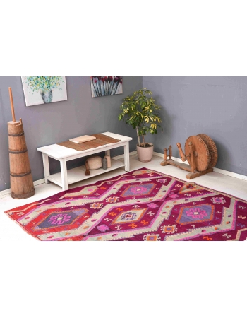 Purple Vintage Square Turkish Kilim Rug - 6`11″ x 6`11″
