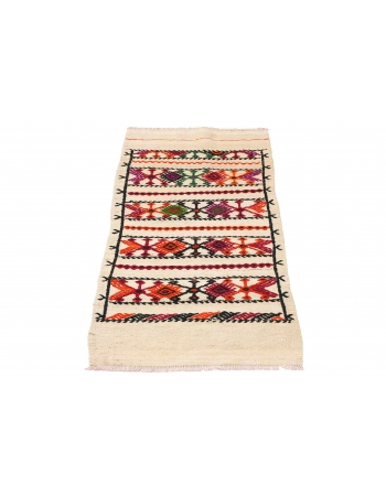 Embroidered Vintage Small Kilim Rug - 1`10″ x 4`5″