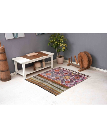 Purple Vintage Decorative Turkish Kilim Rug - 3`11″ x 4`6″