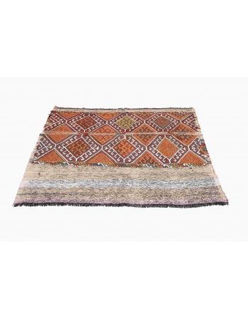 Embroidered Vintage Turkish Kilim Rug - 3`9″ x 4`5″