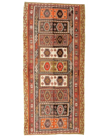 Vintage Colorful Decorative Turkish Kilim Rug - 5`9″ x 12`8″