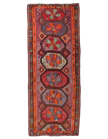 Vibrant Colorful Vintage Turkish Kars Kilim Rug - 5`4″ x 14`9″