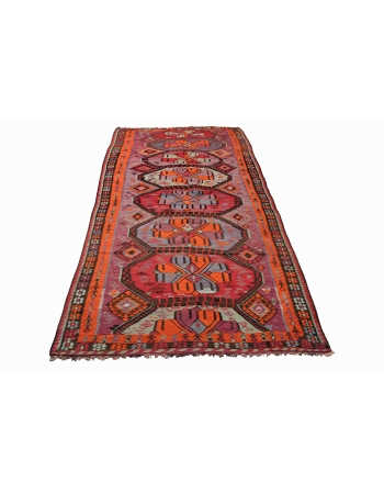 Vibrant Colorful Vintage Turkish Kars Kilim Rug - 5`4″ x 14`9″