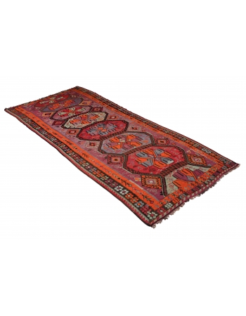 Vibrant Colorful Vintage Turkish Kars Kilim Rug - 5`4″ x 14`9″
