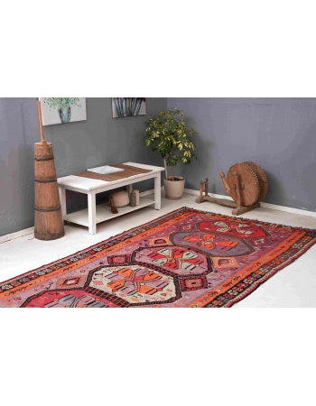 Vibrant Colorful Vintage Turkish Kars Kilim Rug - 5`4″ x 14`9″