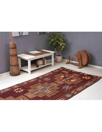 Decorative Vintage Turkish Kars Kilim Rug - 4`6″ x 15`7″