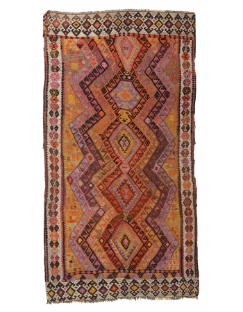 Decorative Vintage Turkish Kars Kilim Rug - 4`9″ x 9`4″
