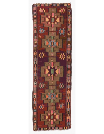 Decorative Vintage Turkish Kars Kilim Rug - 4`6″ x 15`7″