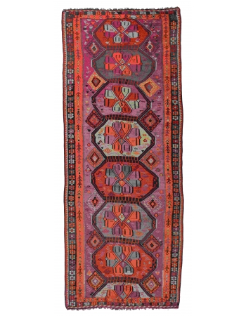 Vibrant Colorful Vintage Turkish Kars Kilim Rug - 5`4″ x 14`9″
