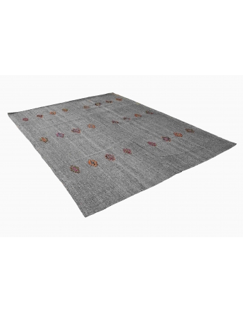 Embroidered Gray Vintage Kilim Rug - 6`8″ x 8`4″