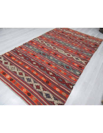 Embroidered Vintage Turkish Kilim Rug