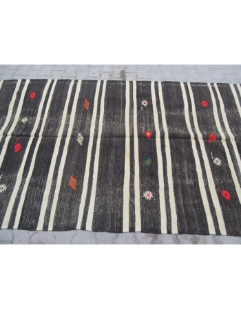 Black / White Striped Vİntage Turkish Kilim Rug